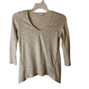 J. Jill Womens XS Oatmeal Linen Cotton Slub V-Neck 3/4 Sleeve Sharkbite Top